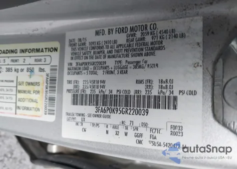 2016 Ford Fusion Titanium z USA, uszkodzony, nr VIN 3FA6P0K95GR220039